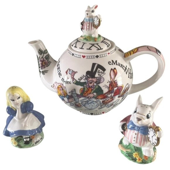 New Alice In Wonderland Cardew Design Ceramic Teapot + Salt & Pepper Shakers Set - Picture 2 of 15